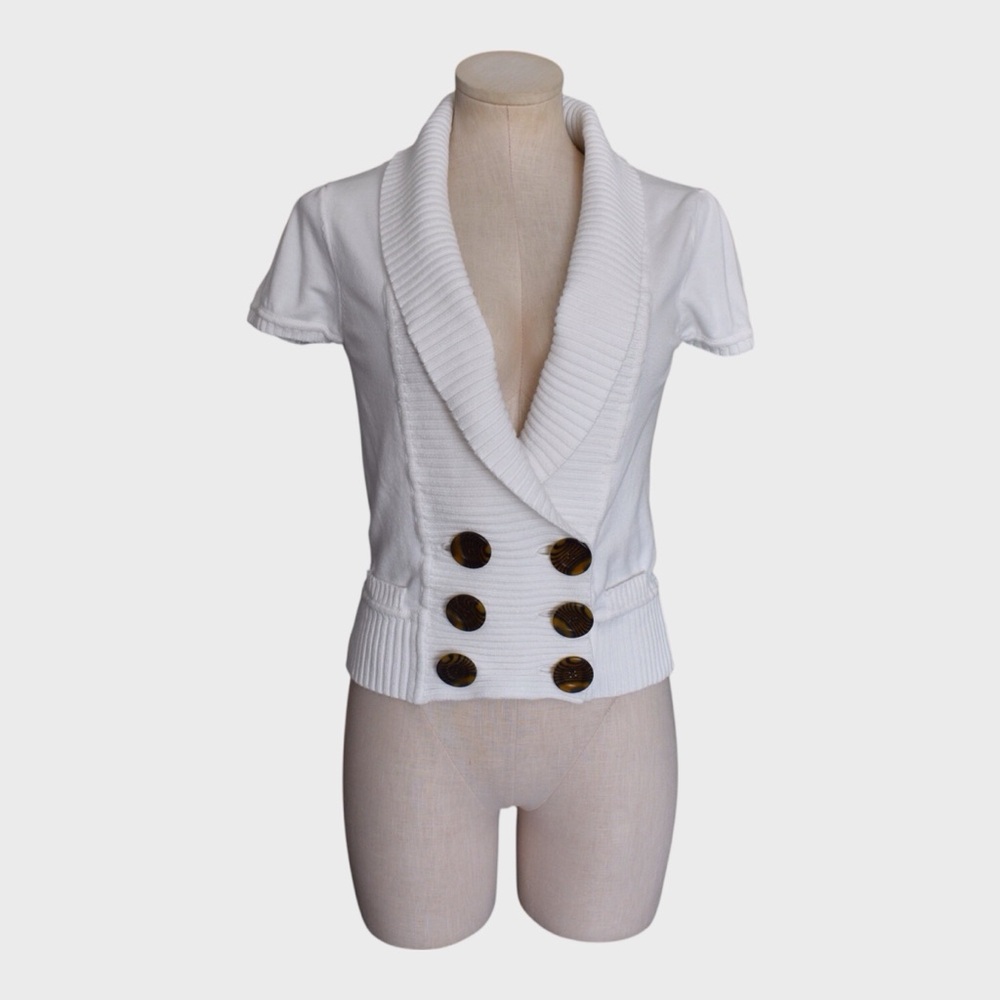 Pink Republic Cotton‎ Shawl Collar Double Breasted Short Sleeve Sweater